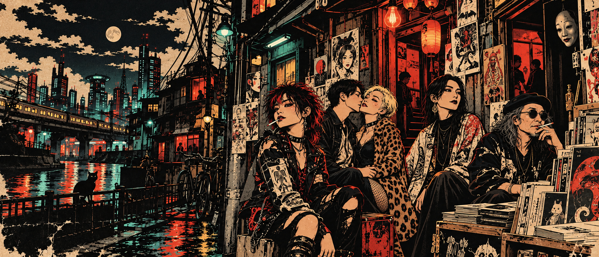 夜の日本の繁華街を舞台に、パンクやクィアなど多様な人物と古書店、漫画、ホラーの意匠を描いたアニメ調コラージュ